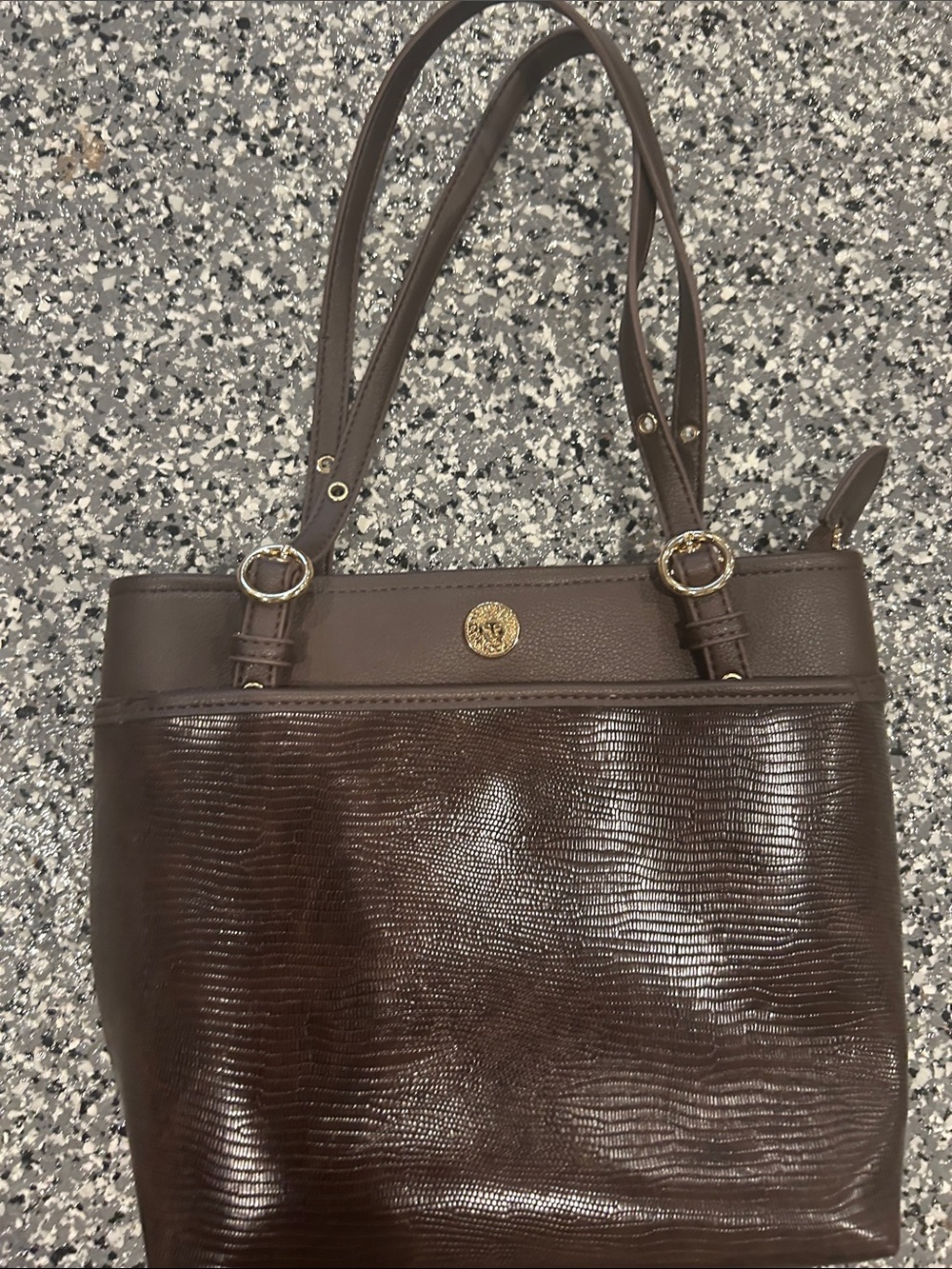 Textured Dark Brown Shoulder Tote with Gold Accent